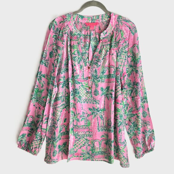 Lilly Pulitzer Elsa 100% Silk Top in Mandevilla Baby Always Worth It Size L - Picture 1 of 14